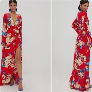 PrettyLittleThing Red Floral Long Sleeve Dress
